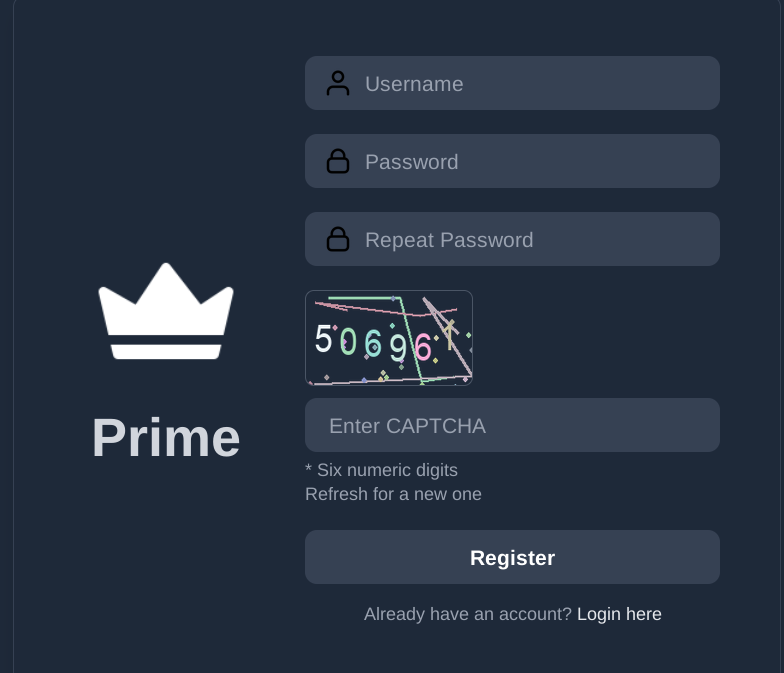 Prime Market registration form with CAPTCHA